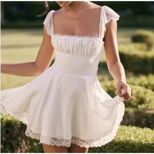 HOUSE OF CB Kaia Lace Trim Fit & Flare Mini Dress Ivory Size Large